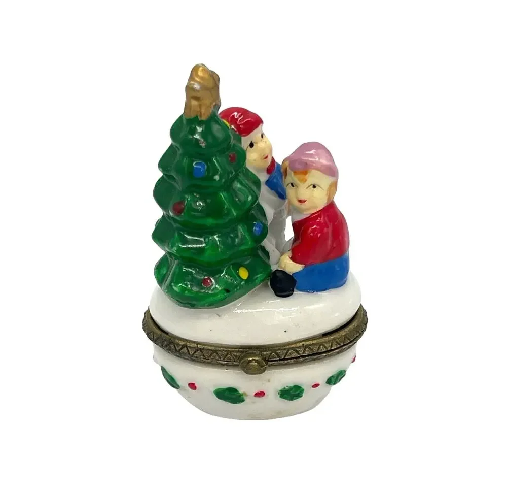 Porcelain Christmas Tree with Children Hinged Trinket Box